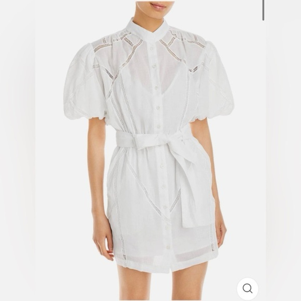 Frame Inset Lace Puff Sleeve Button Front Dress White Blanc Size: Small